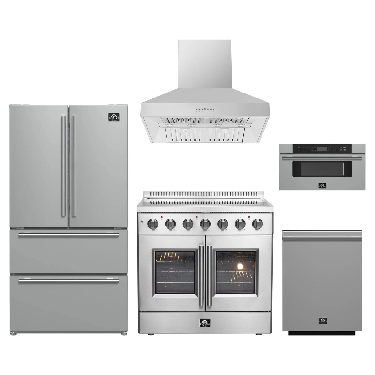 Forno 5-Piece Appliance Package - 36-Inch Galiano French Door Electric Range, Wall Mount Range Hood, 36-Inch Refrigerator, Dishwasher, and 30-Inch Microwave Drawer in Stainless Steel
