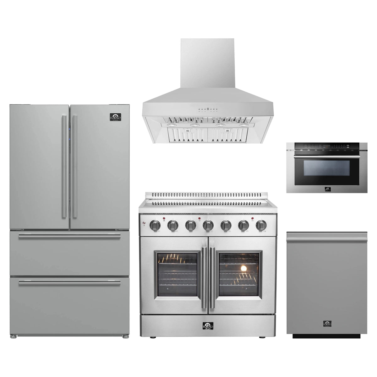 Forno 5-Piece Appliance Package - 36-Inch Galiano French Door Electric Range, Wall Mount Range Hood, 36-Inch Refrigerator, Dishwasher, and 24-Inch Microwave Drawer in Stainless Steel