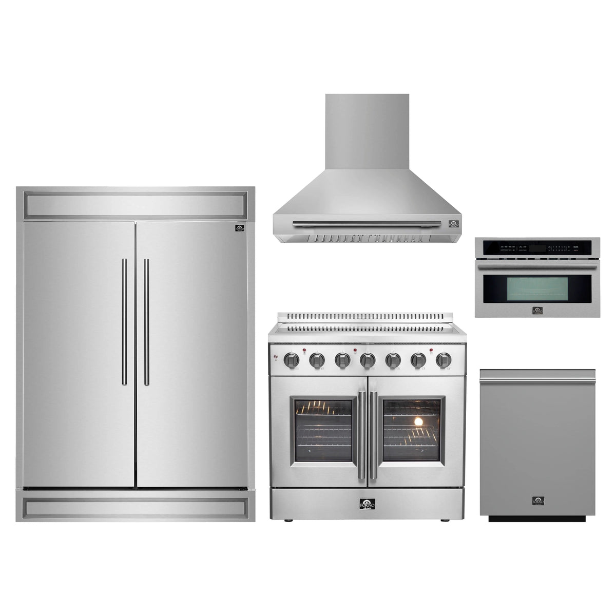 Forno 5-Piece Appliance Package - 36-Inch Galiano French Door Electric Range, Wall Mount Range Hood, 60-Inch Refrigerator, Dishwasher, and 30-Inch Microwave Oven in Stainless Steel