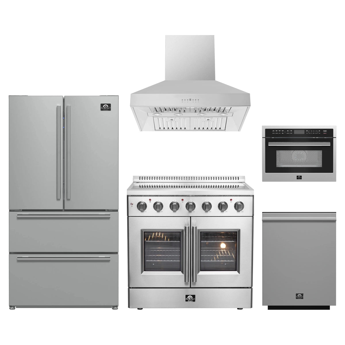 Forno 5-Piece Appliance Package - 36-Inch Galiano French Door Electric Range, Wall Mount Range Hood, 36-Inch Refrigerator, Dishwasher, and 24-Inch Microwave Oven in Stainless Steel