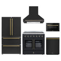 Forno 5-Piece Appliance Package - 36-Inch Galiano French Door Electric Range, Wall Mount Range Hood, 36-Inch Refrigerator, Dishwasher, and 24-Inch Microwave Drawer in Black with Antique Brass Trim