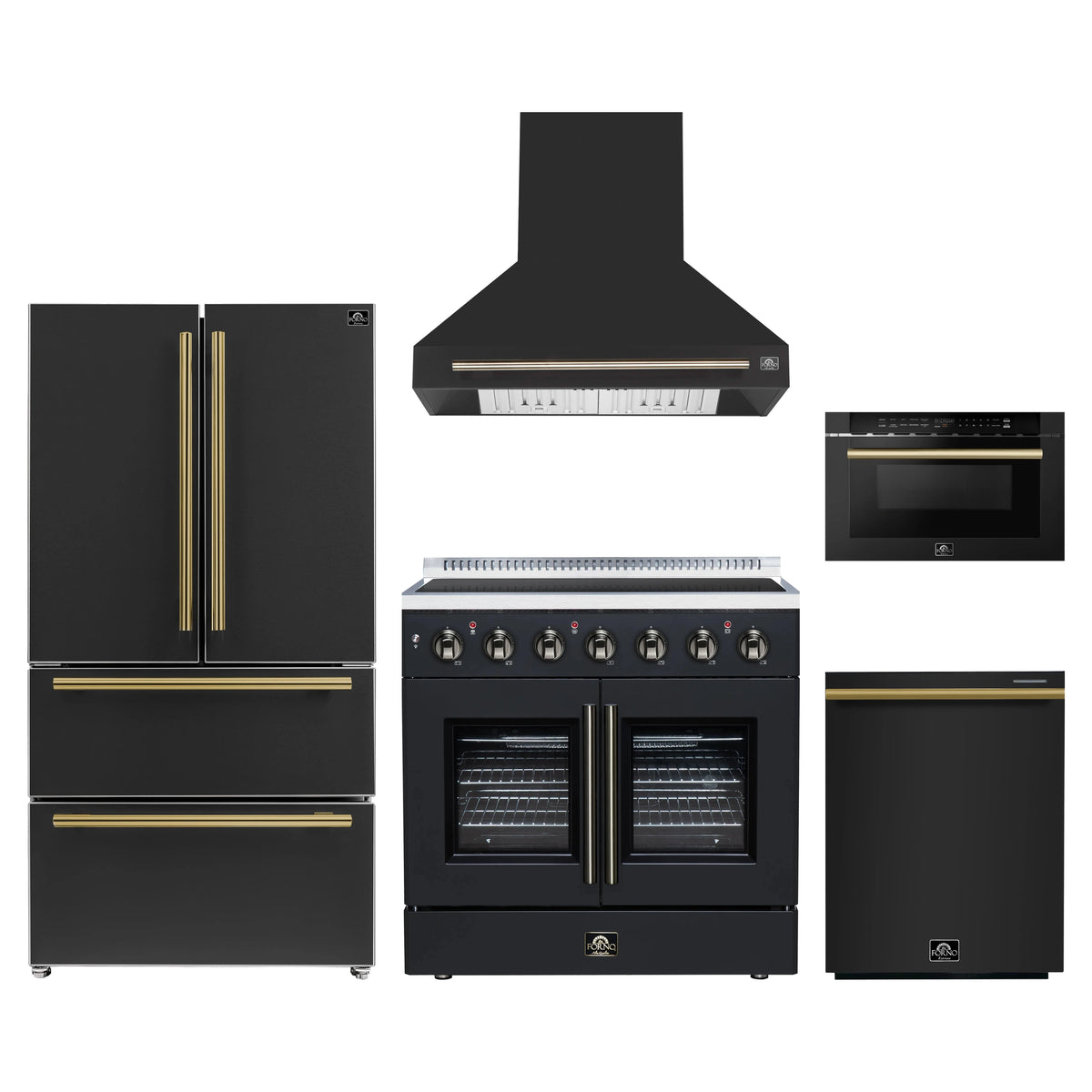 Forno 5-Piece Appliance Package - 36-Inch Galiano French Door Electric Range, Wall Mount Range Hood, 36-Inch Refrigerator, Dishwasher, and 24-Inch Microwave Drawer in Black with Antique Brass Trim