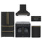 Forno 5-Piece Appliance Package - 36-Inch Galiano French Door Electric Range, Wall Mount Range Hood, 36-Inch Refrigerator, Dishwasher, and 30-Inch Microwave Drawer in Black with Antique Brass Trim