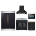 Forno 5-Piece Appliance Package - 36-Inch Galiano French Door Electric Range, Wall Mount Range Hood, 60-Inch Refrigerator, Dishwasher, and 24-Inch Microwave Oven in Black with Antique Brass Trim