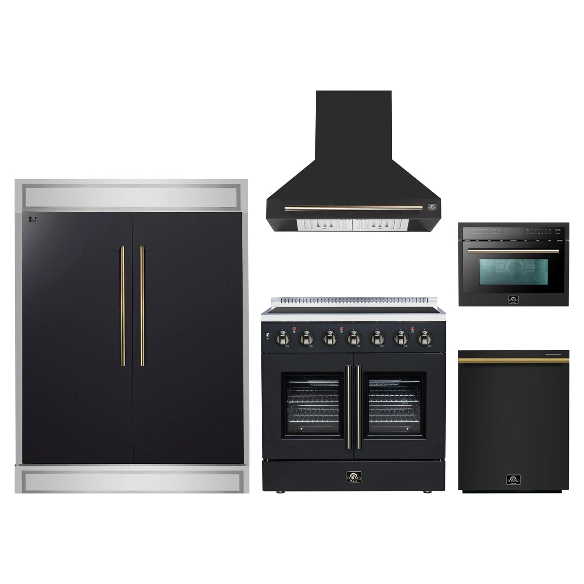 Forno 5-Piece Appliance Package - 36-Inch Galiano French Door Electric Range, Wall Mount Range Hood, 60-Inch Refrigerator, Dishwasher, and 24-Inch Microwave Oven in Black with Antique Brass Trim