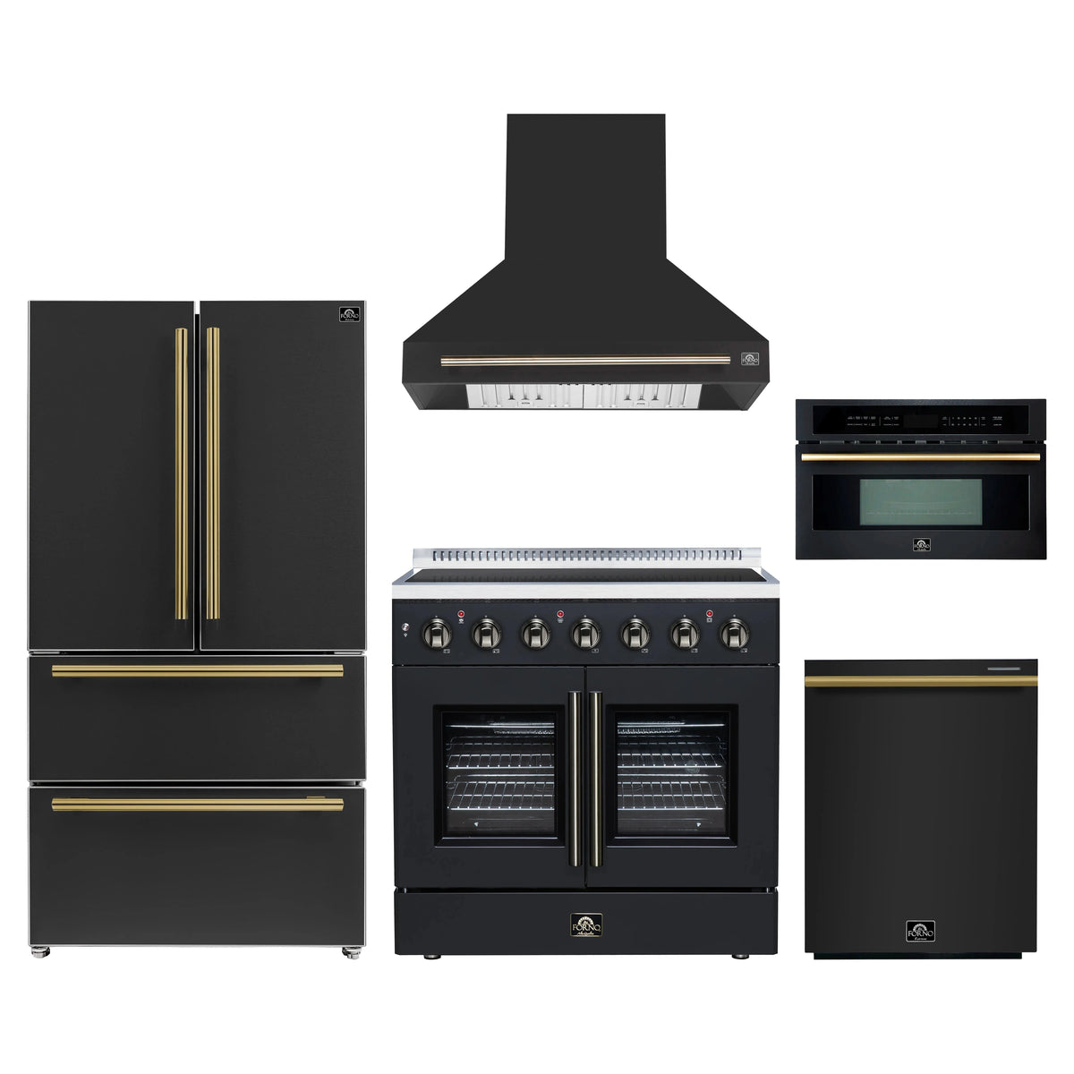 Forno 5-Piece Appliance Package - 36-Inch Galiano French Door Electric Range, Wall Mount Range Hood, 36-Inch Refrigerator, Dishwasher, and 30-Inch Microwave Oven in Black with Antique Brass Trim