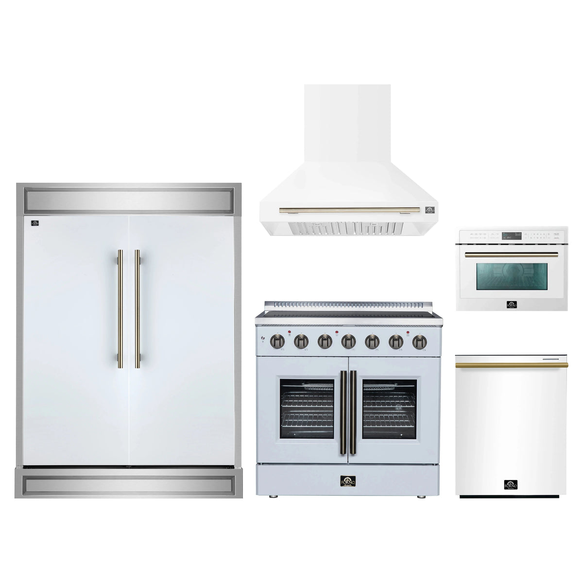 Forno 5-Piece Appliance Package - 36-Inch Galiano French Door Electric Range, Wall Mount Range Hood, 60-Inch Refrigerator, Dishwasher, and 24-Inch Microwave Oven in White with Antique Brass Trim