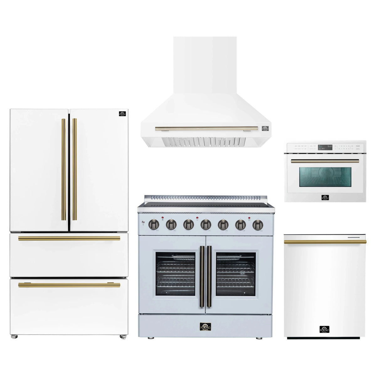 Forno 5-Piece Appliance Package - 36-Inch Galiano French Door Electric Range, Wall Mount Range Hood, 36-Inch Refrigerator, Dishwasher, and 24-Inch Microwave Oven in White with Antique Brass Trim