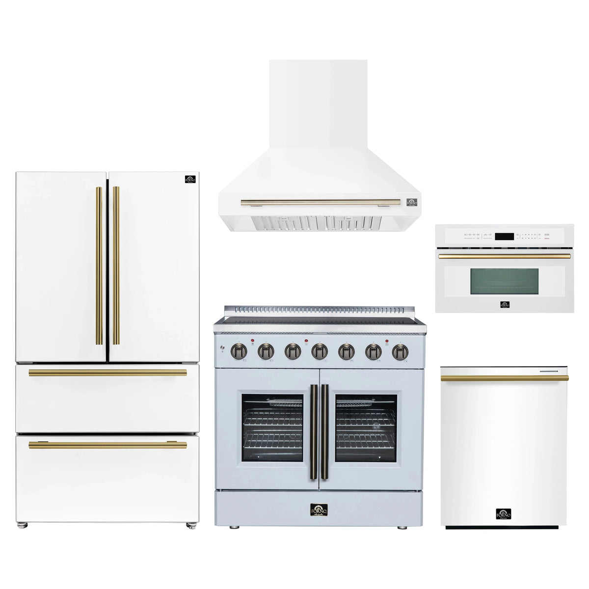 Forno 5-Piece Appliance Package - 36-Inch Galiano French Door Electric Range, Wall Mount Range Hood, 36-Inch Refrigerator, Dishwasher, and 30-Inch Microwave Oven in White with Antique Brass Trim
