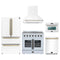 Forno 5-Piece Appliance Package - 36-Inch Galiano French Door Electric Range, Wall Mount Range Hood, 36-Inch Refrigerator, Dishwasher, and 24-Inch Microwave Oven in White with Antique Brass Trim