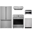 Stainless steel Thor Kitchen appliance package with 30-inch electric range, range hood, counter-depth refrigerator, dishwasher, microwave drawer