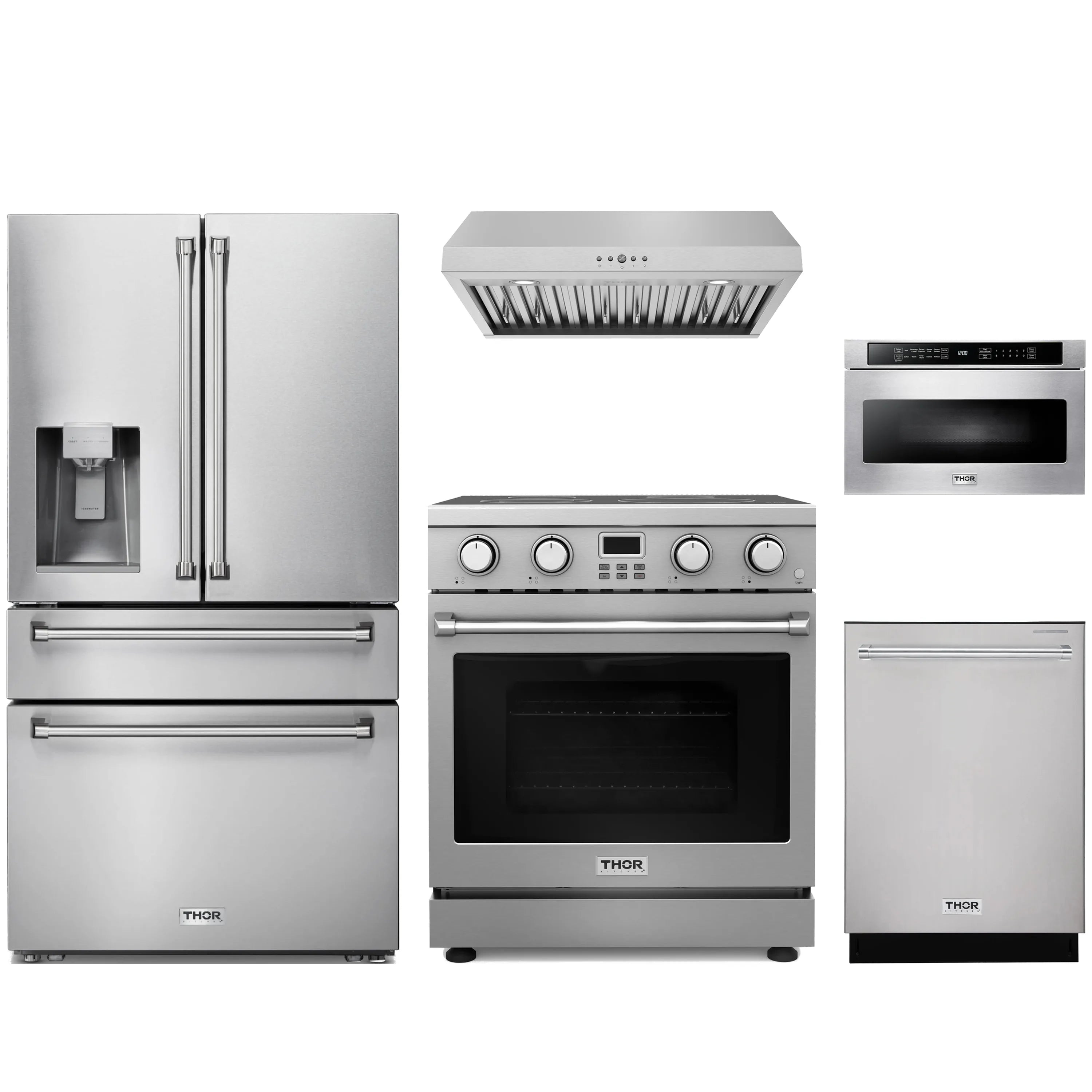Stainless steel appliance package with refrigerator, electric range, hood, dishwasher, and drawer microwave