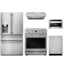 Stainless steel Thor Kitchen appliance package with 30-inch electric range, range hood, refrigerator with water dispenser, dishwasher, microwave drawer