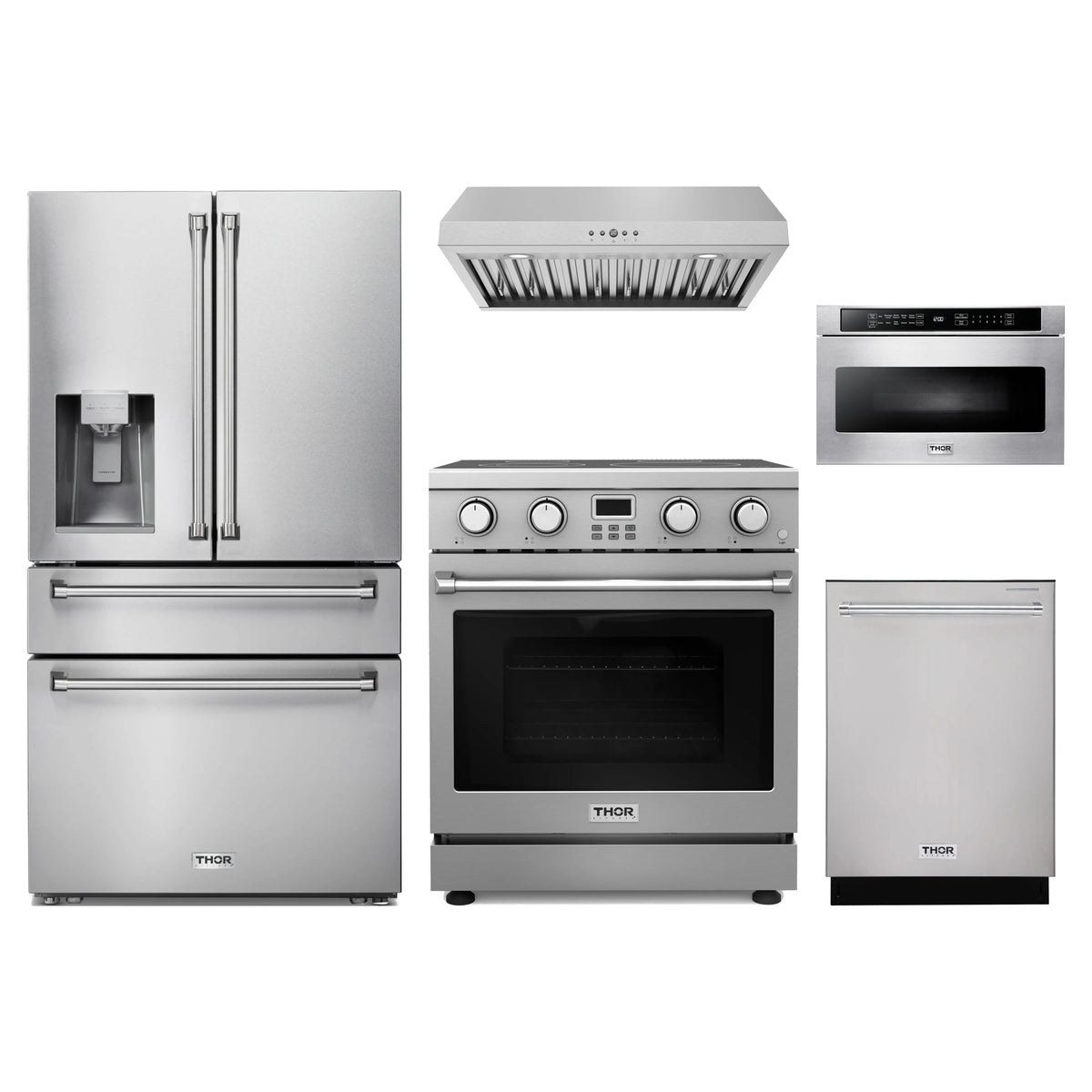 Thor Kitchen 5-Piece Appliance Package - 30-Inch Electric Range, Refrigerator with Water Dispenser, Under Cabinet Hood, Dishwasher, & Microwave Drawer in Stainless Steel
