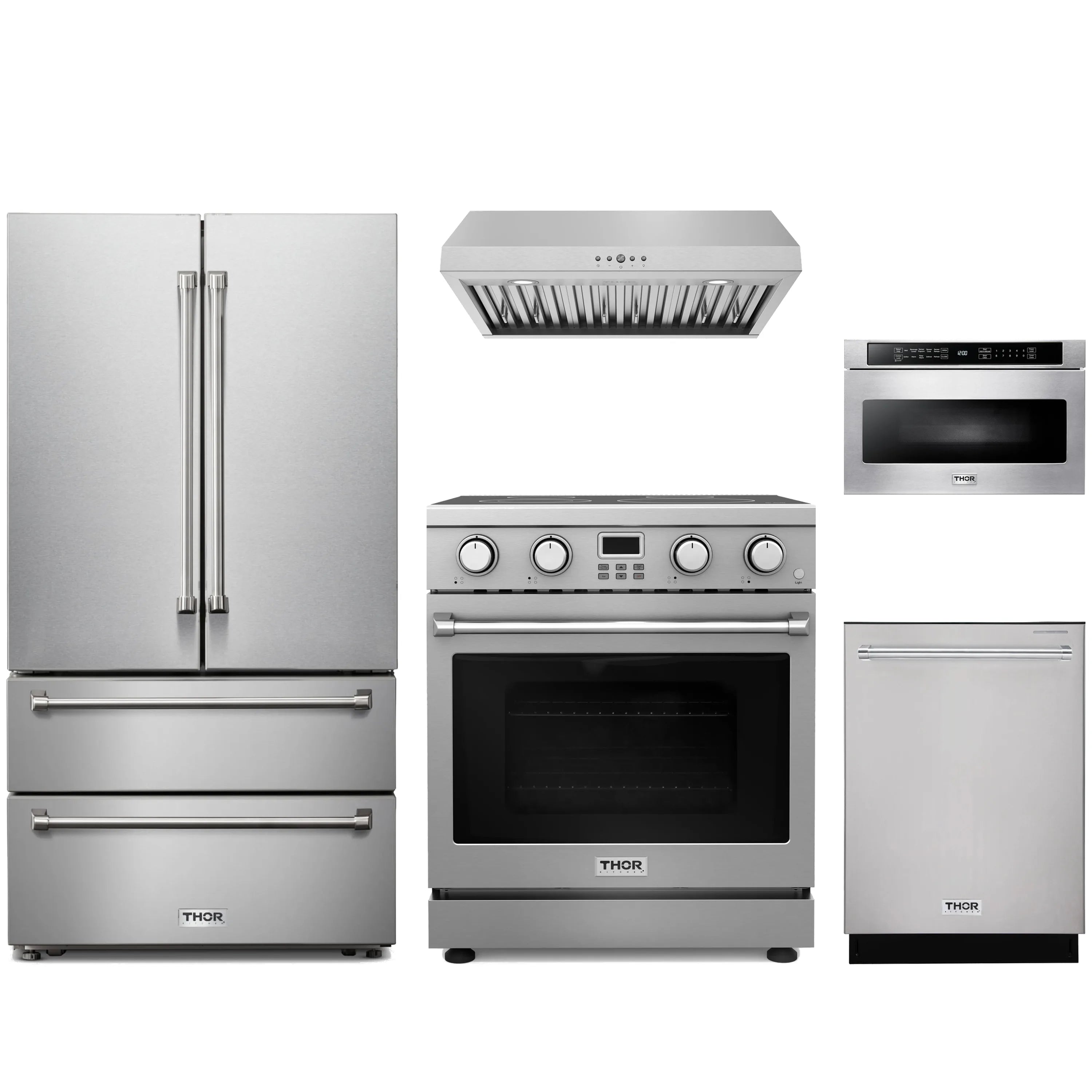 Stainless steel appliance package with French-door refrigerator, electric range, hood, dishwasher, drawer