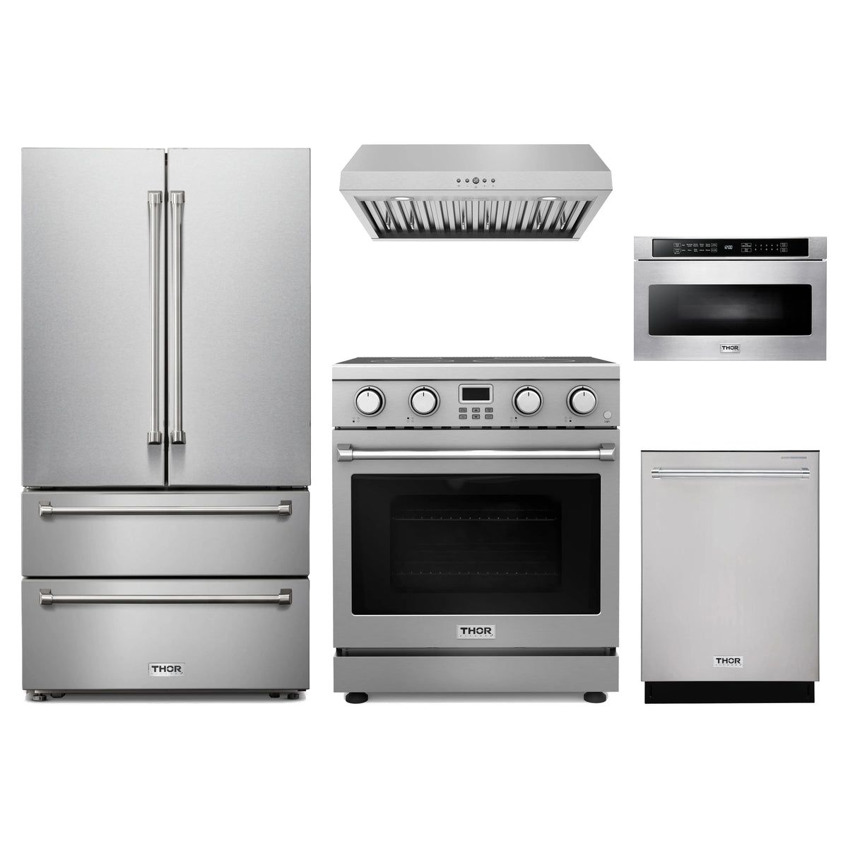 Thor Kitchen 5-Piece Appliance Package - 30-Inch Electric Range, French Door Refrigerator, Under Cabinet Hood, Dishwasher, & Microwave Drawer in Stainless Steel