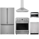 Stainless steel Thor Kitchen appliance package with 30-inch electric range, range hood, counter-depth refrigerator, dishwasher, microwave drawer