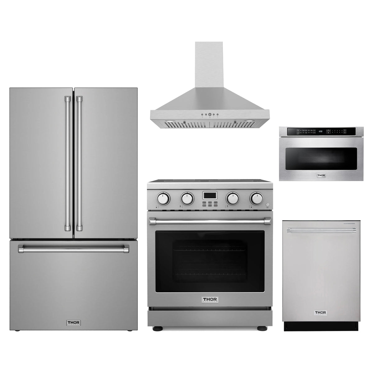 Thor Kitchen 5-Piece Appliance Package - 30-Inch Electric Range, Counter-Depth Refrigerator, Wall Mount Hood, Dishwasher, & Microwave Drawer in Stainless Steel
