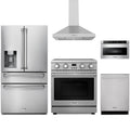 Thor Kitchen 5-Piece Appliance Package - 30-Inch Electric Range, Refrigerator with Water Dispenser, Wall Mount Hood, Dishwasher, & Microwave Drawer in Stainless Steel