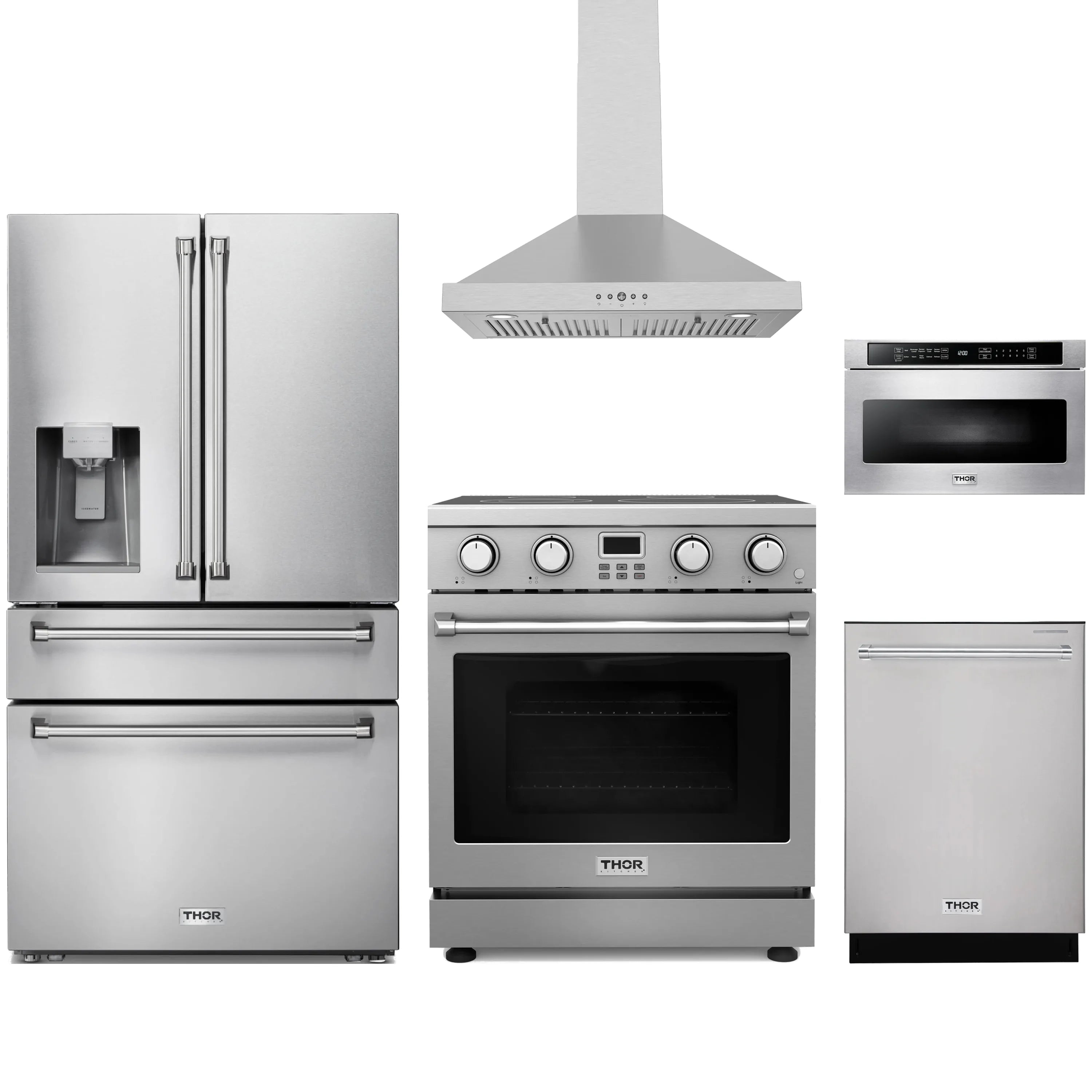 Stainless steel Thor Kitchen appliance package with 30-inch electric range, range hood, refrigerator with water dispenser, dishwasher, microwave drawer