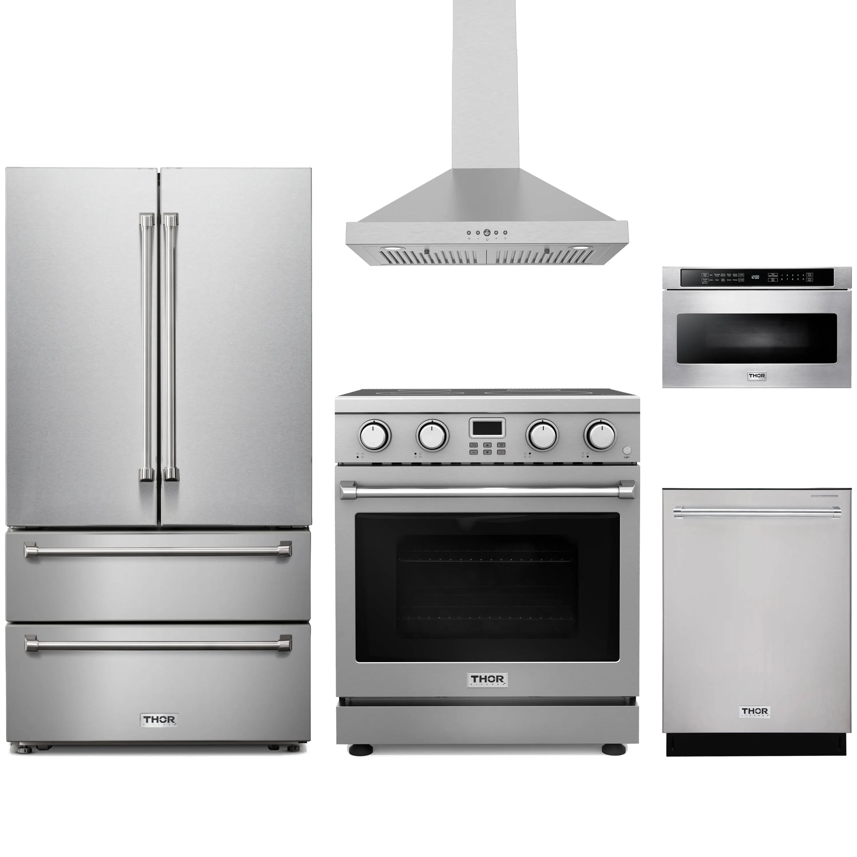 Stainless steel Thor Kitchen appliance package with 30-inch electric range, range hood, french door refrigerator, dishwasher, microwave drawer