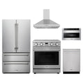 Thor Kitchen 5-Piece Appliance Package - 30-Inch Electric Range, French Door Refrigerator, Wall Mount Hood, Dishwasher, & Microwave Drawer in Stainless Steel