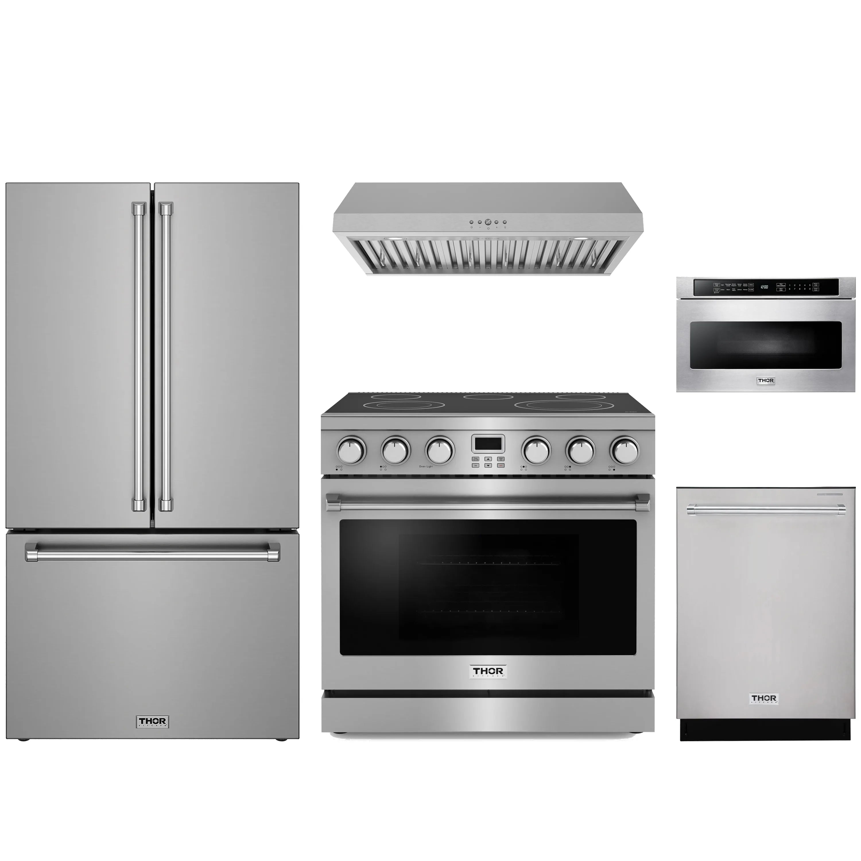 Stainless steel appliance set: refrigerator, electric range, hood, microwave