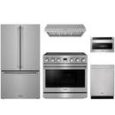 Stainless steel Thor Kitchen appliance package with 36-inch electric range, range hood, counter-depth refrigerator, dishwasher, microwave drawer