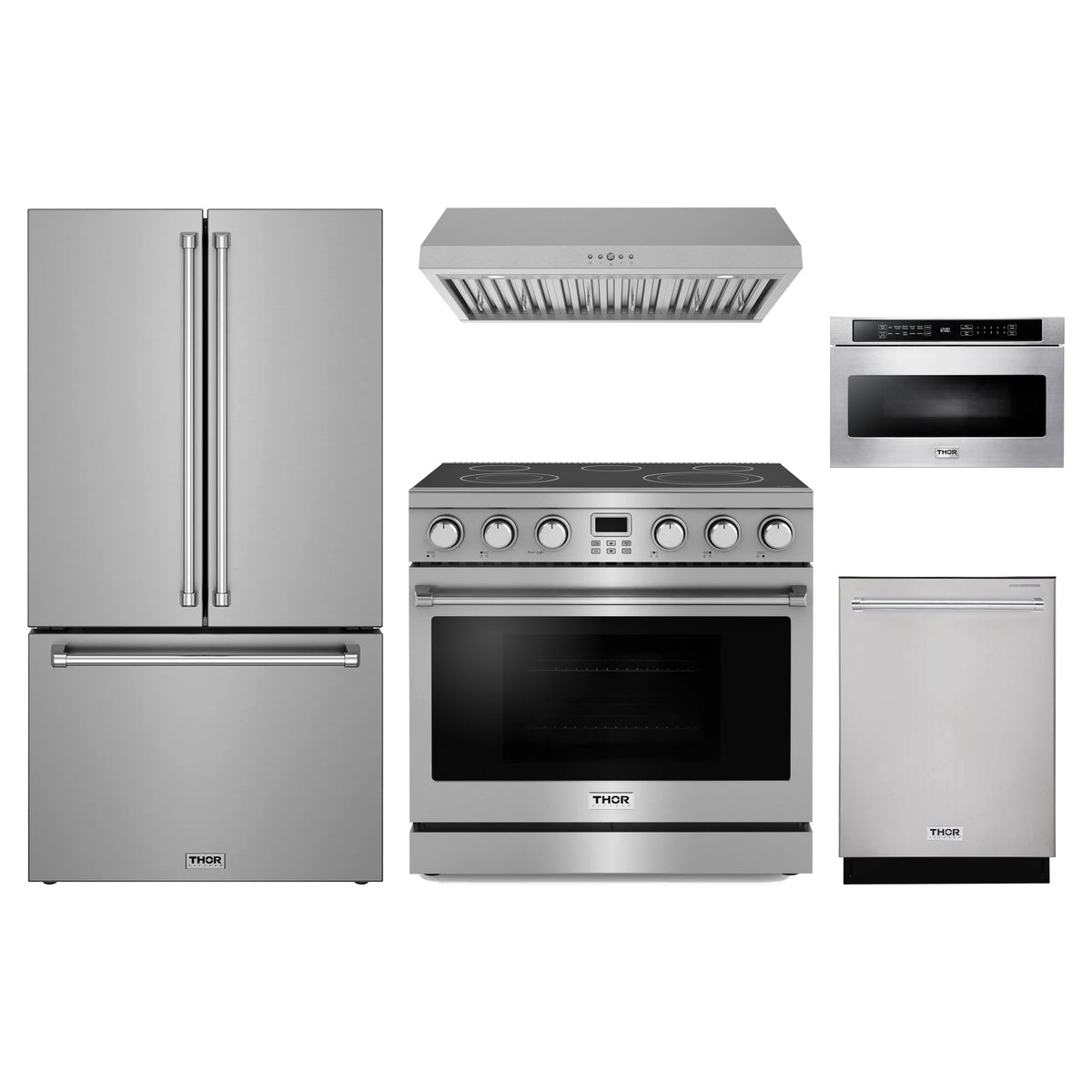 Thor Kitchen 5-Piece Appliance Package - 36-Inch Electric Range, Counter-Depth Refrigerator, Under Cabinet Hood, Dishwasher, & Microwave Drawer in Stainless Steel