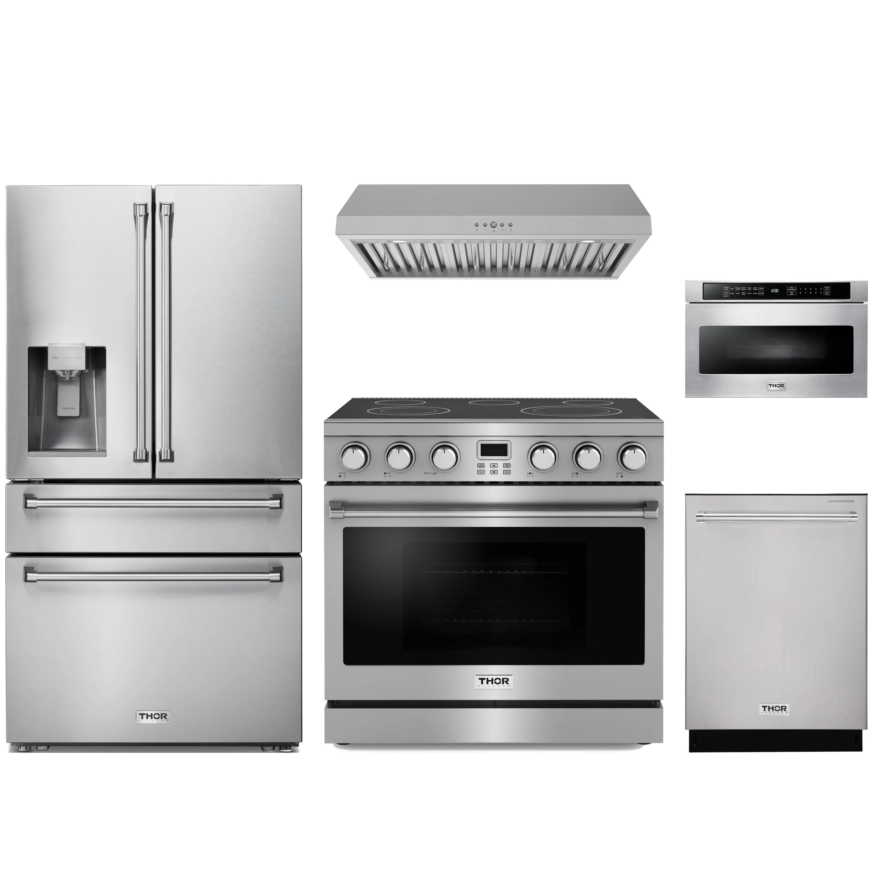 Stainless steel appliance package with refrigerator, range, and range hood