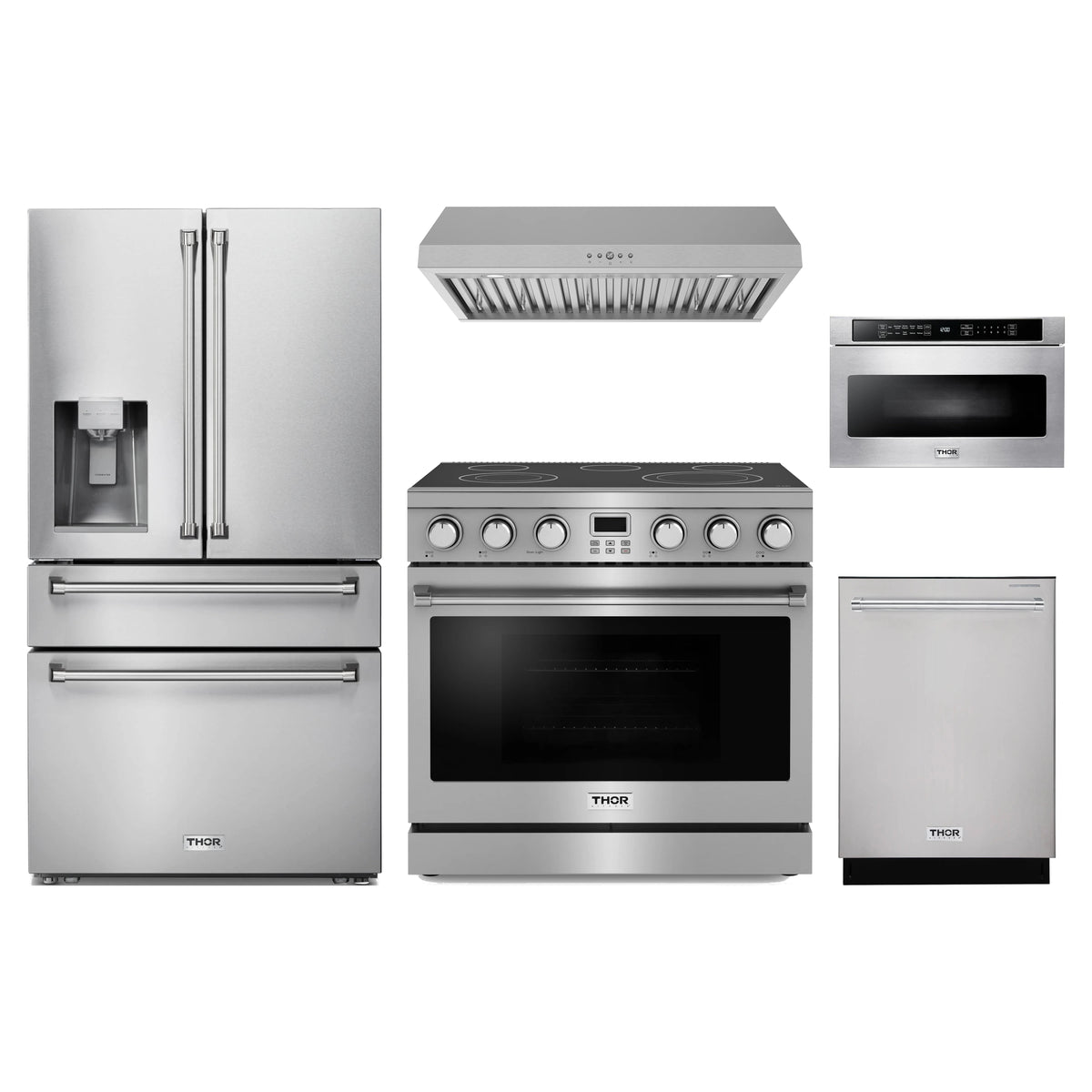 Thor Kitchen 5-Piece Appliance Package - 36-Inch Electric Range, Refrigerator with Water Dispenser, Under Cabinet Hood, Dishwasher, & Microwave Drawer in Stainless Steel