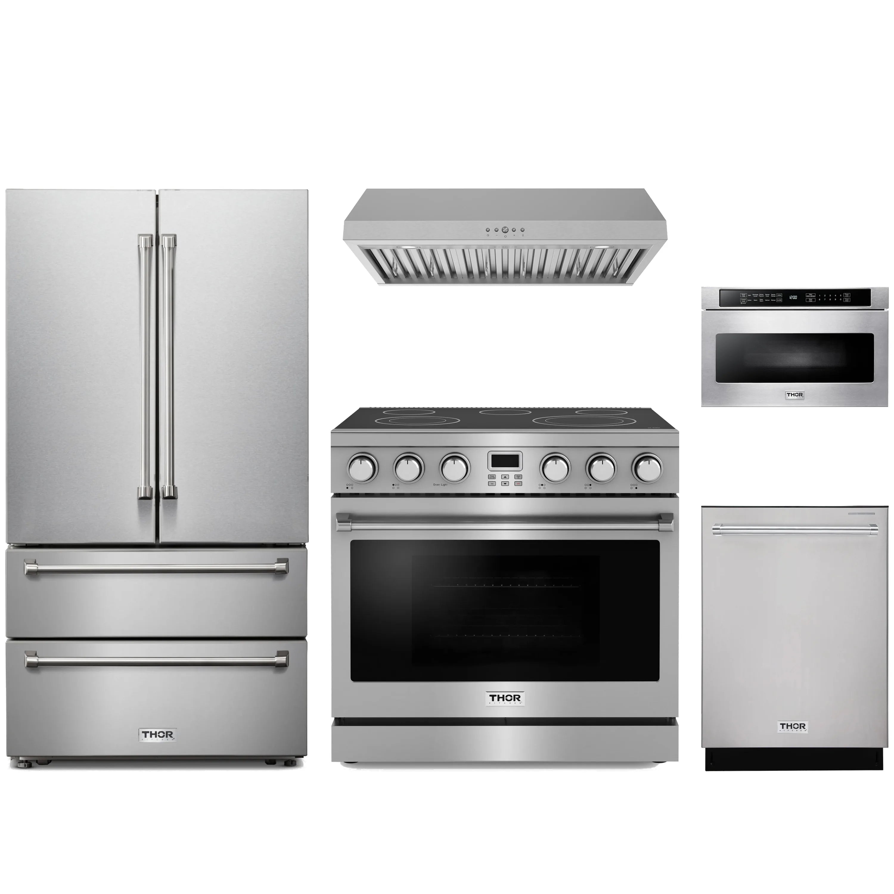 Stainless steel appliance package featuring refrigerator, electric range, and dishwasher