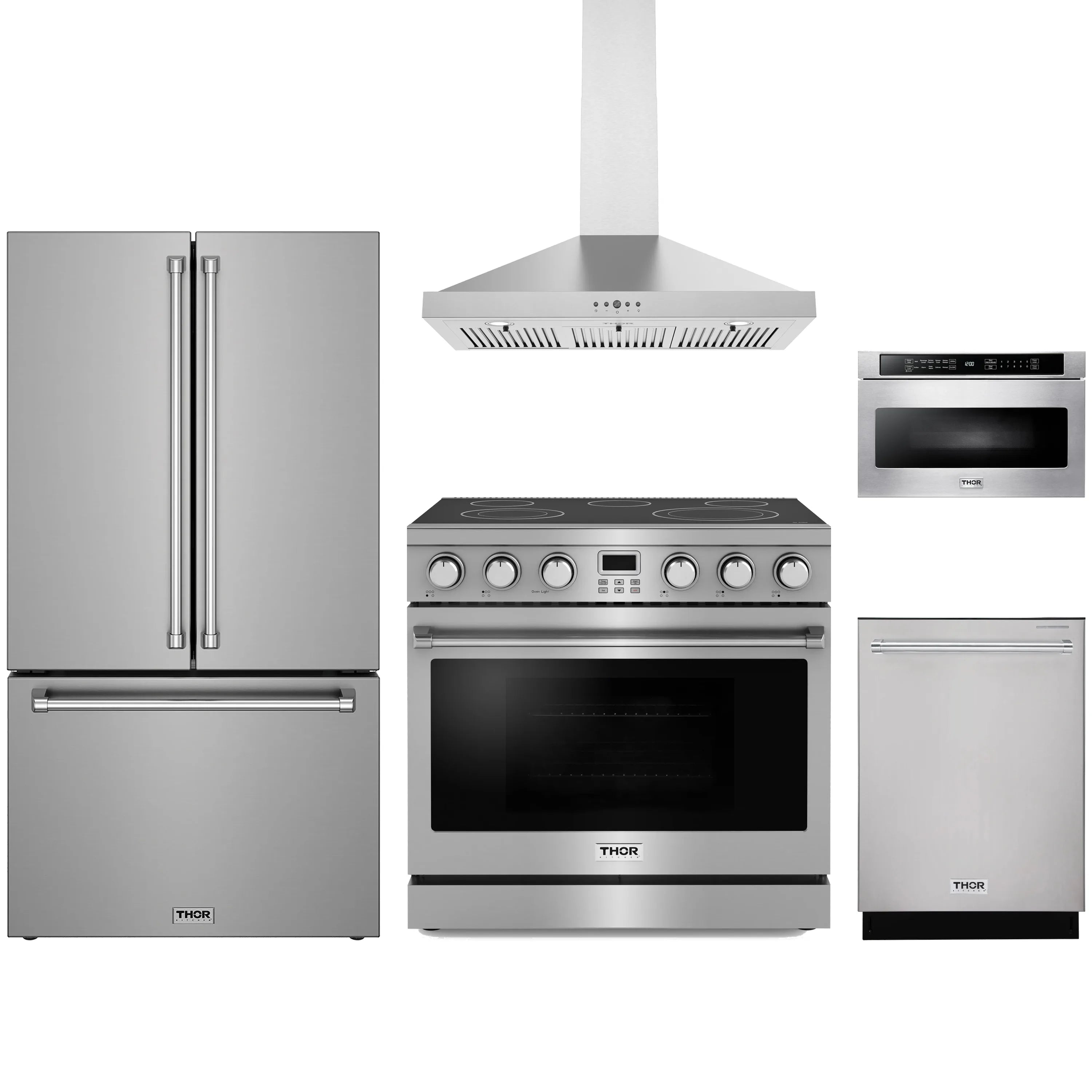 Stainless steel kitchen appliance set featuring electric range, hood, refrigerator, dishwasher, and oven