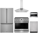 Stainless steel Thor Kitchen appliance package with 36-inch electric range, range hood, counter-depth refrigerator, dishwasher, microwave drawer