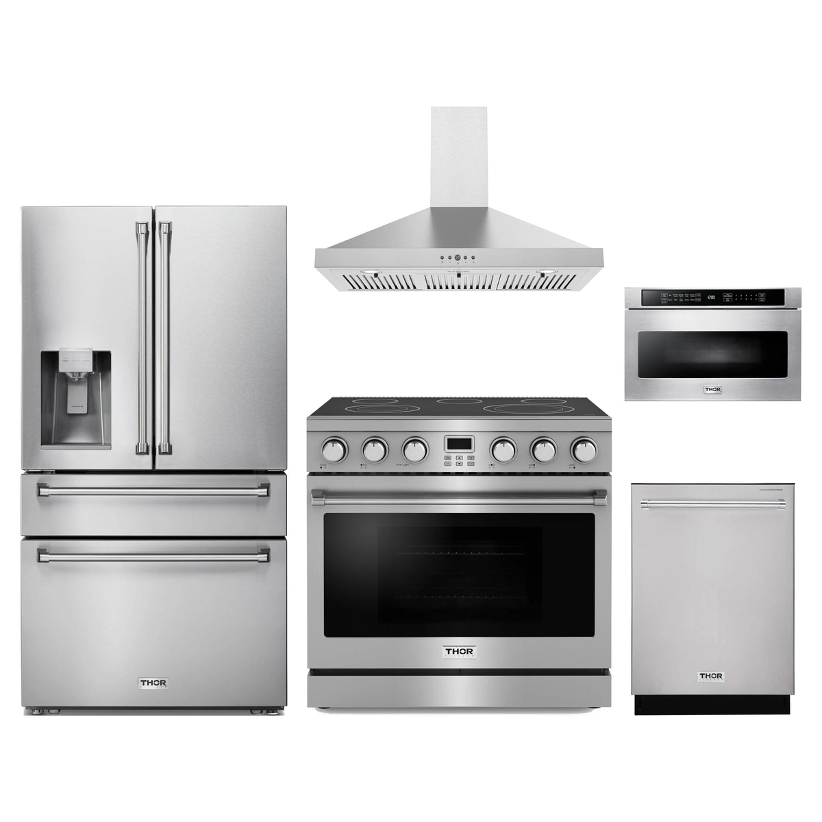 Thor Kitchen 5-Piece Appliance Package - 36-Inch Electric Range, Refrigerator with Water Dispenser, Wall Mount Hood, Dishwasher, & Microwave Drawer in Stainless Steel