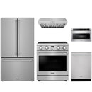 Stainless steel Thor Kitchen appliance package with 30-inch range, range hood, counter-depth refrigerator, dishwasher, microwave drawer