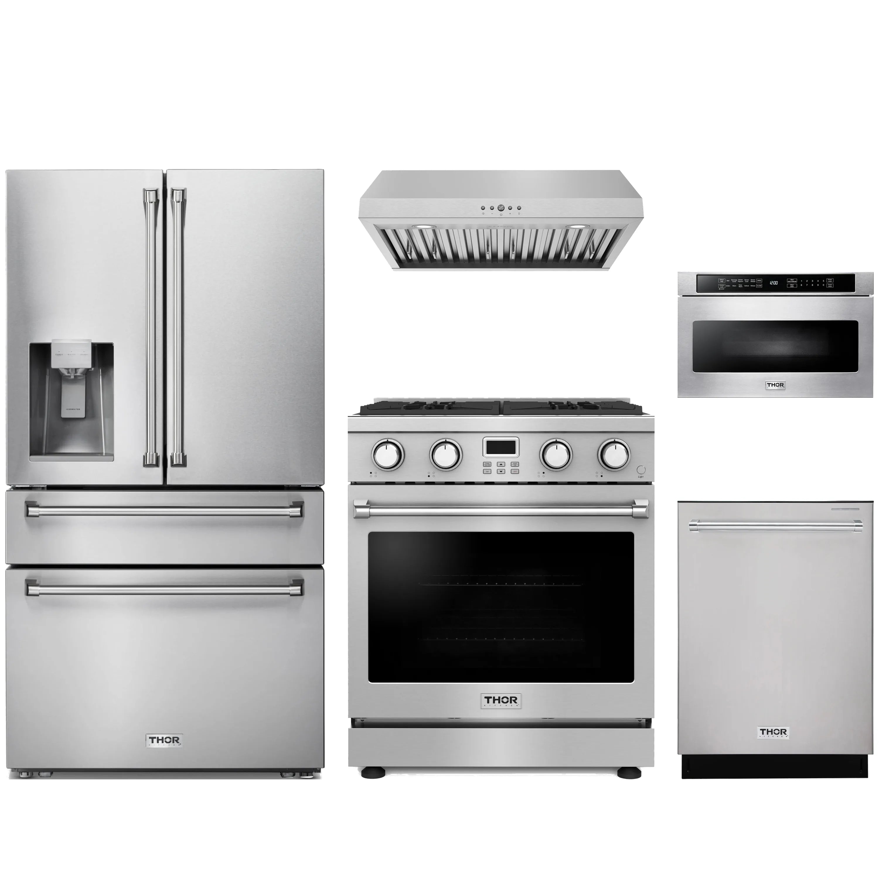 Stainless steel appliance package with gas range, hood, microwave drawer, dishwasher, refrigerator