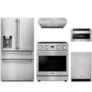 Stainless steel Thor Kitchen appliance package with 30-inch range, range hood, refrigerator with water dispenser, dishwasher, microwave drawer