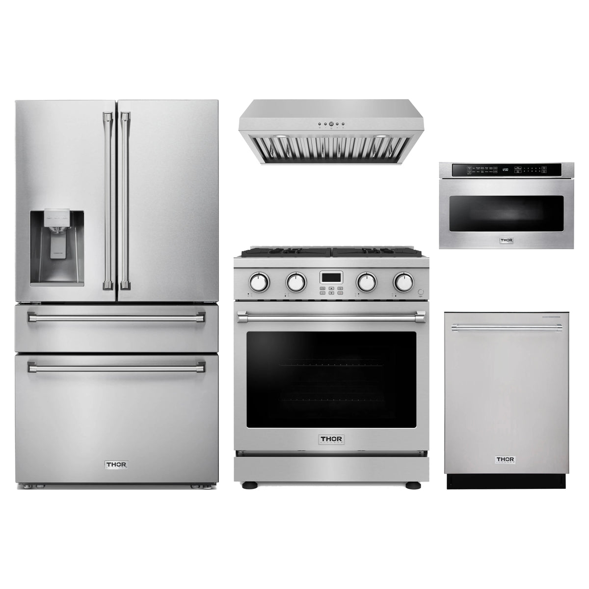 Thor Kitchen 5-Piece Appliance Package - 30-Inch Natural Gas Range, Refrigerator with Water Dispenser, Under Cabinet Hood, Dishwasher, & Microwave Drawer in Stainless Steel