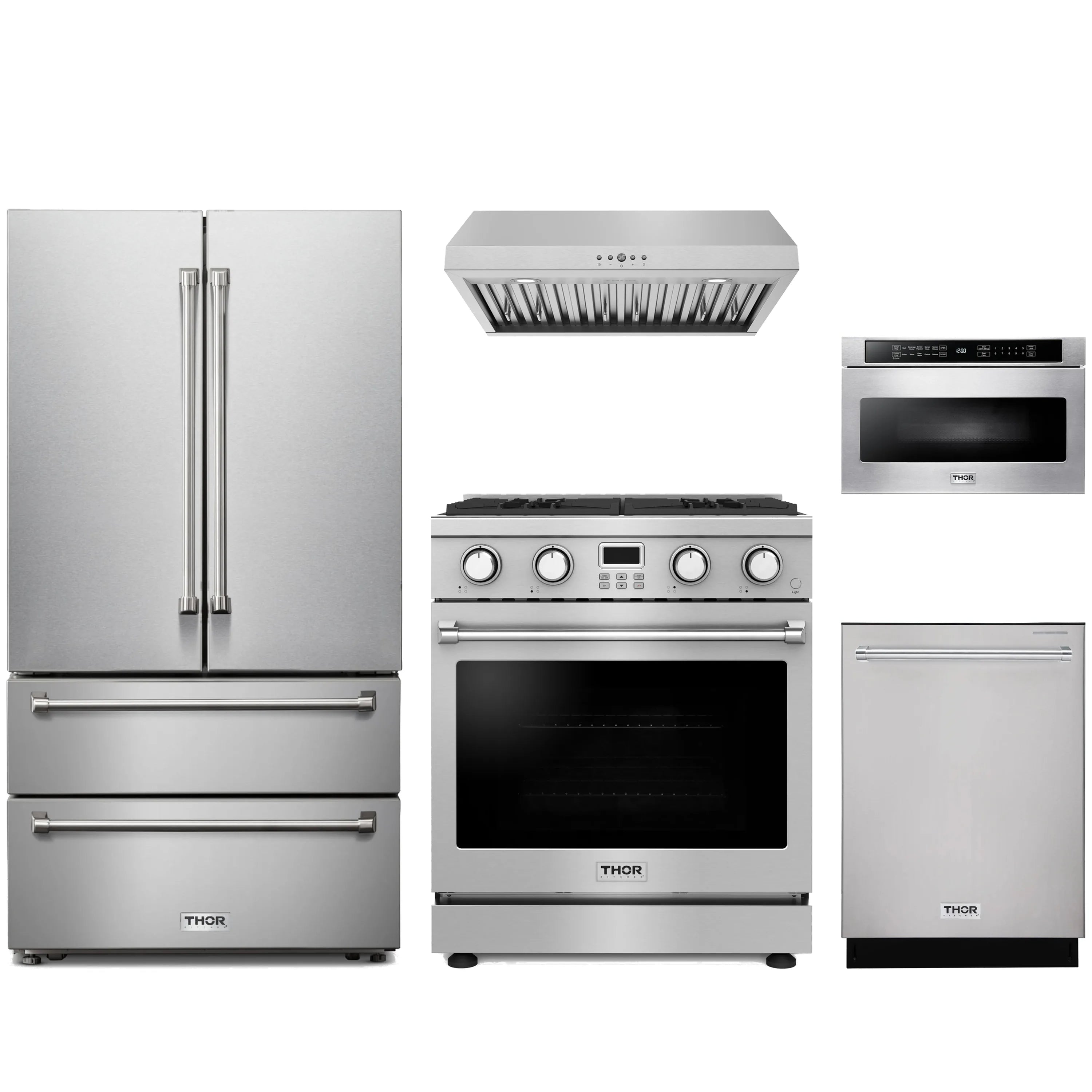 Stainless steel 5-piece appliance package with range, hood, fridge, dishwasher, microwave drawer