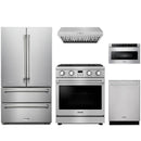 Stainless steel Thor Kitchen appliance package with 30-inch range, range hood, french door refrigerator, dishwasher, microwave drawer