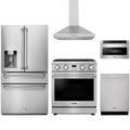 Thor Kitchen 5-Piece Appliance Package - 30-Inch Natural Gas Range, Refrigerator with Water Dispenser, Wall Mount Hood, Dishwasher, & Microwave Drawer in Stainless Steel
