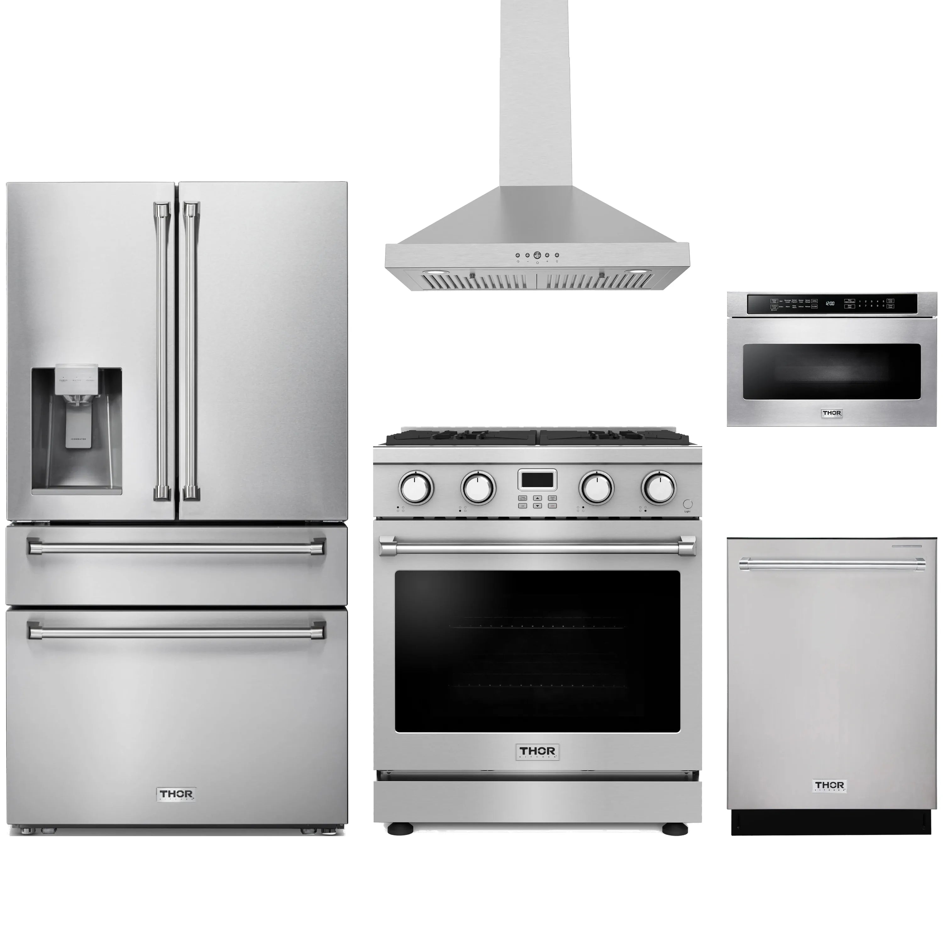 Stainless steel Thor Kitchen appliance package with 30-inch range, range hood, refrigerator with water dispenser, dishwasher, microwave drawer