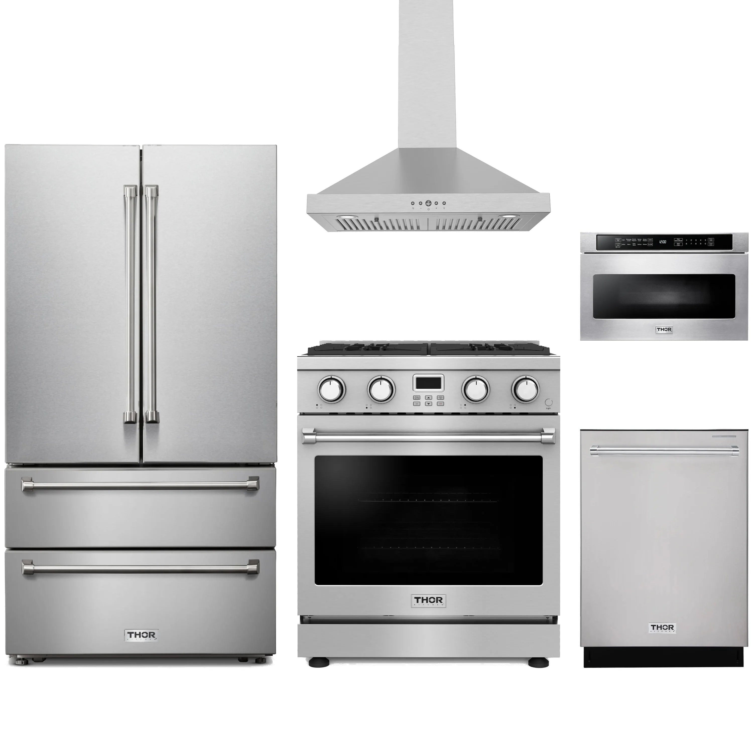 Stainless steel Thor Kitchen appliance package with 30-inch range, range hood, french door refrigerator, dishwasher, microwave drawer