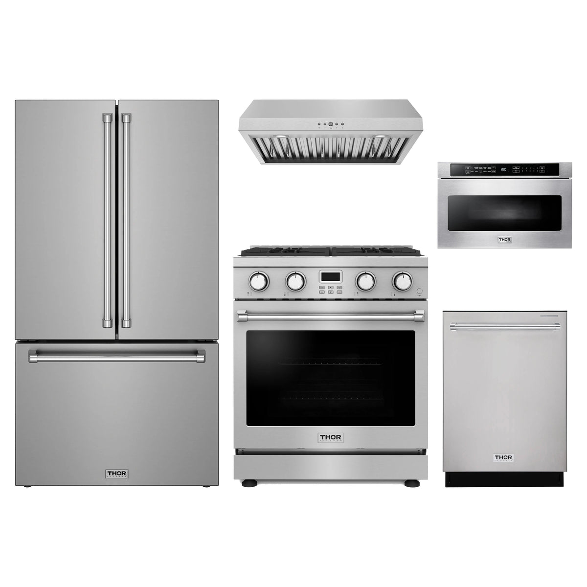 Thor Kitchen 5-Piece Appliance Package - 30-Inch Propane Gas Range, Counter-Depth Refrigerator, Under Cabinet Hood, Dishwasher, & Microwave Drawer in Stainless Steel