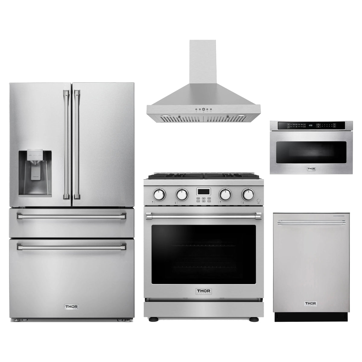 Thor Kitchen 5-Piece Appliance Package - 30-Inch Propane Gas Range, Refrigerator with Water Dispenser, Wall Mount Hood, Dishwasher, & Microwave Drawer in Stainless Steel