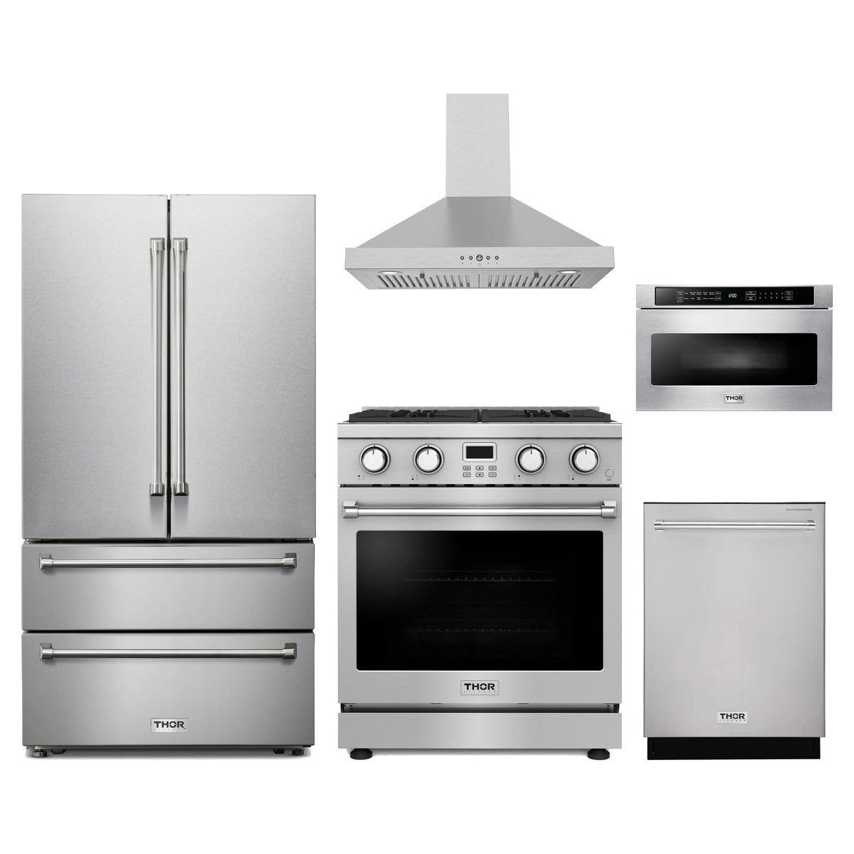 Thor Kitchen 5-Piece Appliance Package - 30-Inch Propane Gas Range, French Door Refrigerator, Wall Mount Hood, Dishwasher, & Microwave Drawer in Stainless Steel