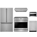 Stainless steel Thor Kitchen appliance package with 36-inch range, range hood, counter-depth refrigerator, dishwasher, microwave drawer