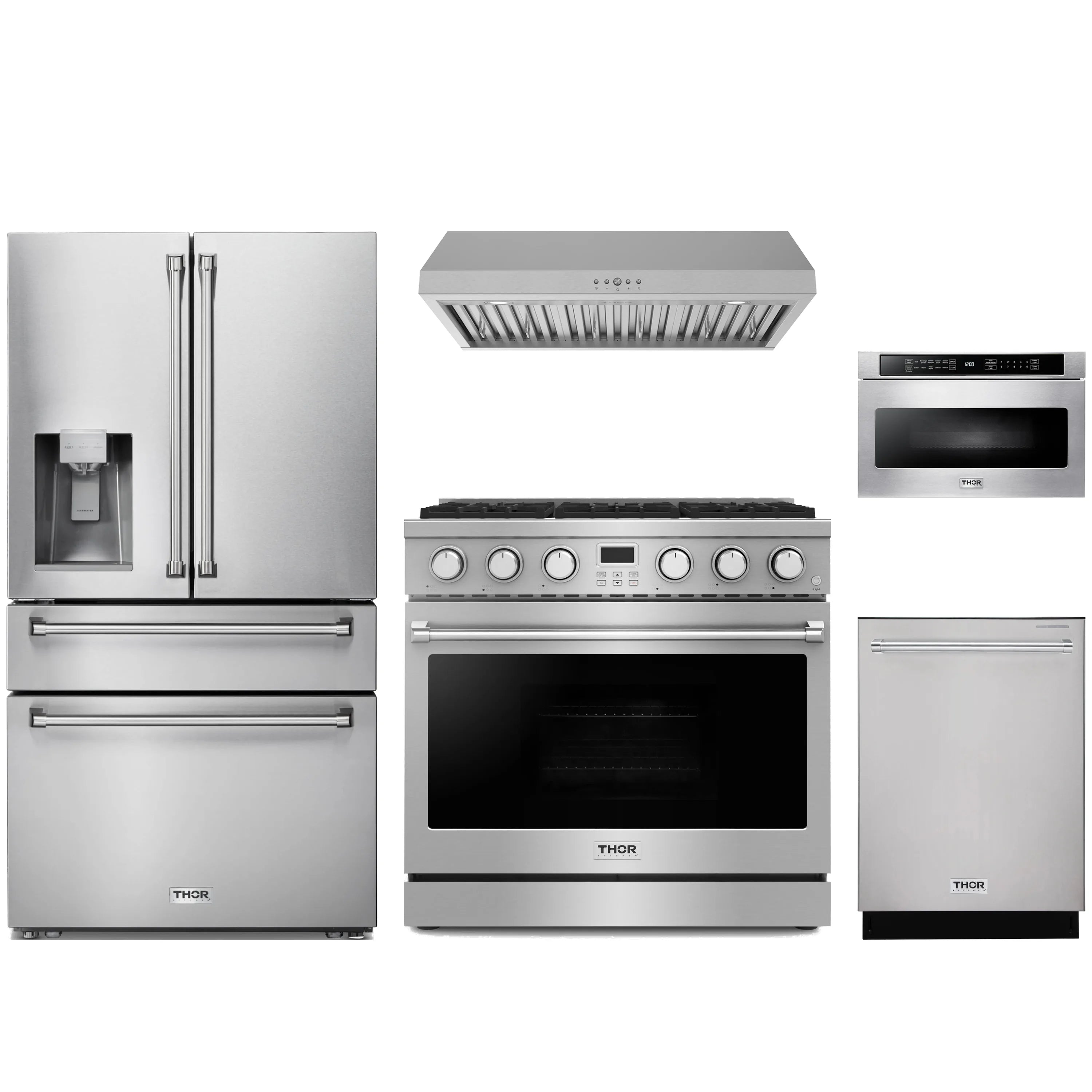 Stainless steel appliance package with gas range and overhead hood, front view