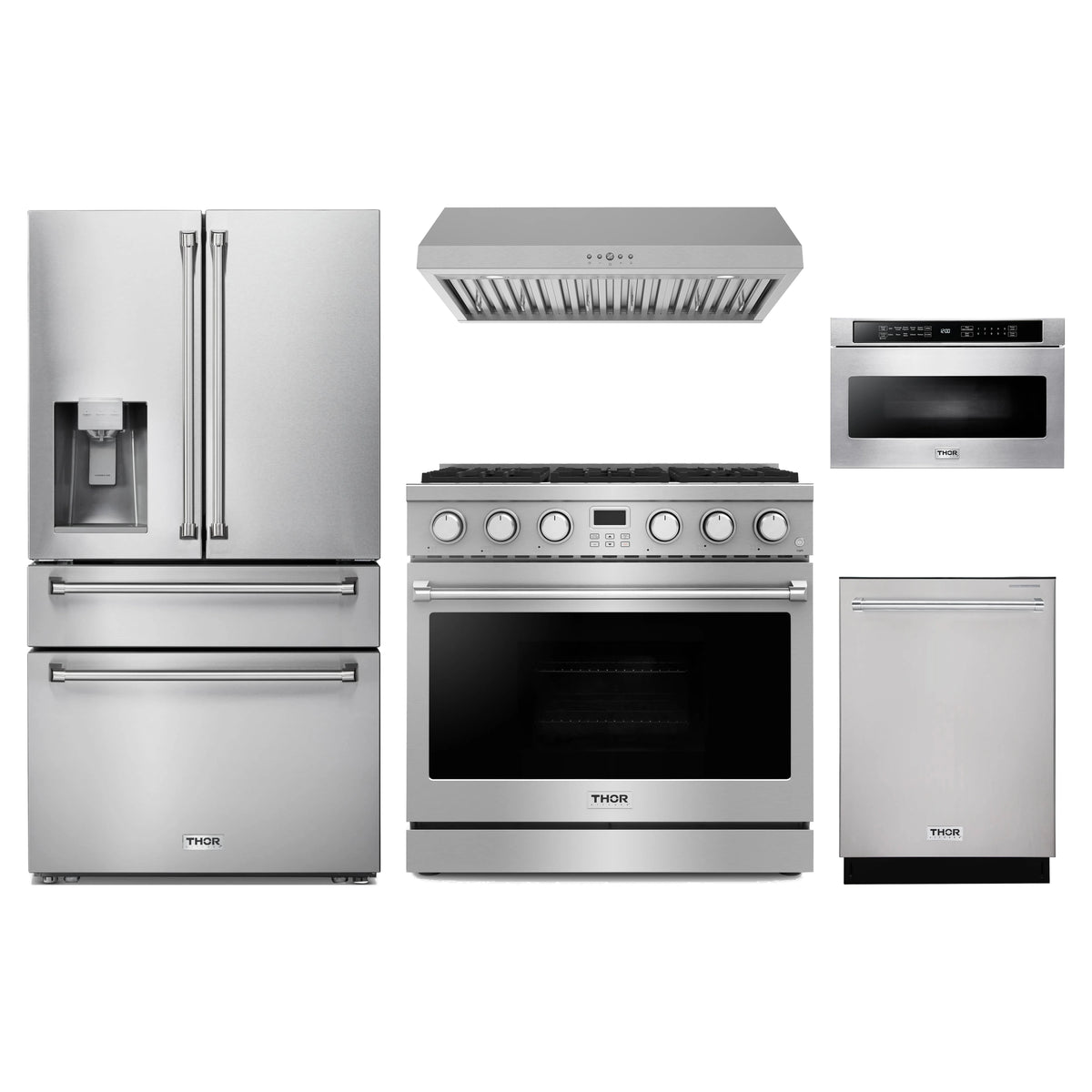 Thor Kitchen 5-Piece Appliance Package - 36-Inch Natural Gas Range, Refrigerator with Water Dispenser, Under Cabinet Hood, Dishwasher, & Microwave Drawer in Stainless Steel